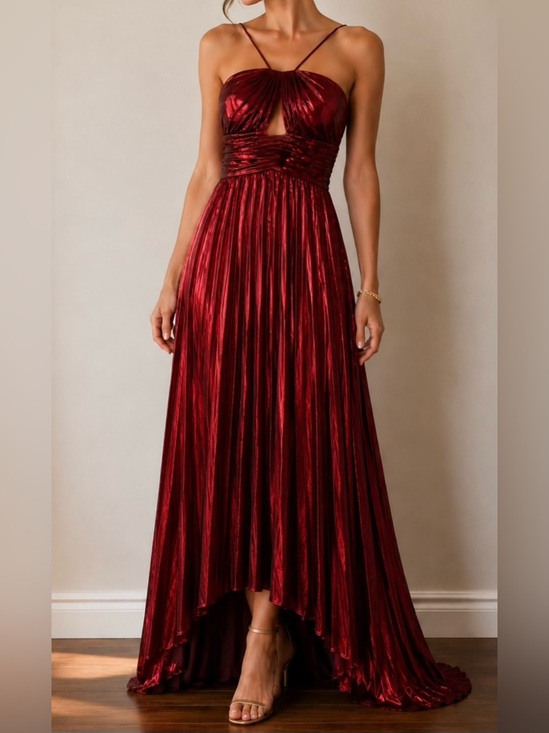 Dresses & Skirts - UNBRANDED Red Metallic High Low Pleated Maxi Dress Size M